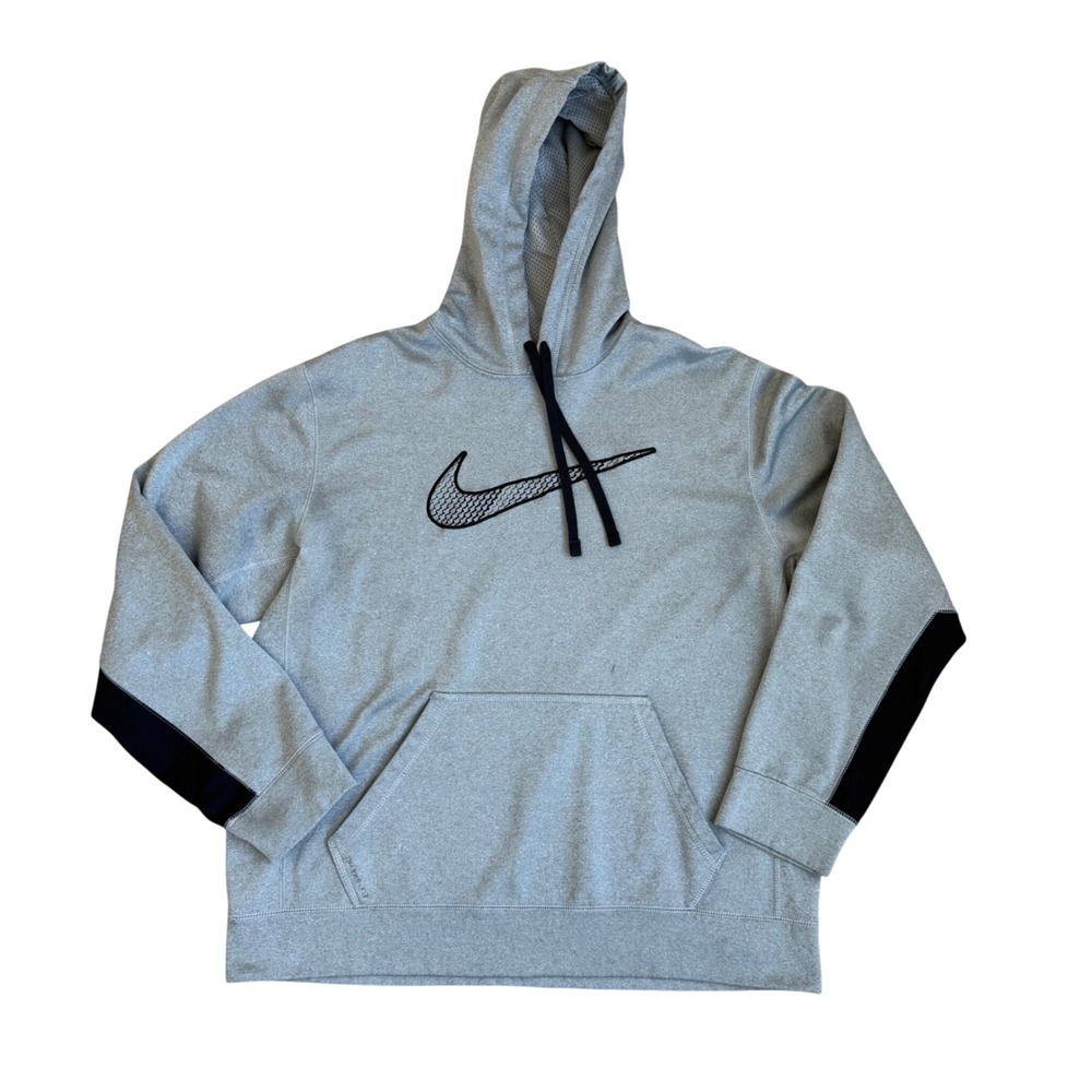 Nike Therma-FIT Mens‎ Hoodie Gray Black Swoosh Pullover Sweatshirt Size L